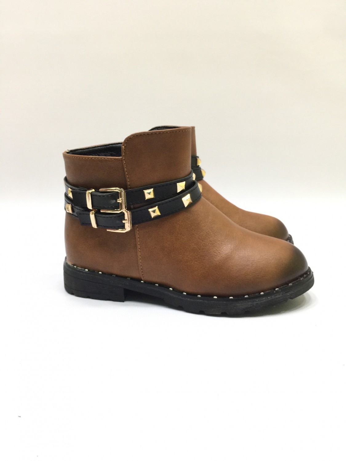 Brown Ankle Boots With Black Belts and Studs