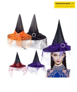 Witch Hat with Spiderweb Lace Overlay & Silver Rhinestone Ring | Triangle-Shaped Halloween & Birthday Celebration Hat 6