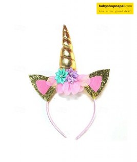 Glittery Gold Unicorn Horn Hairband with Floral Decoration & Matching Glitter Ears | Fancy Unicorn Headband for Any Event or Celebration 1