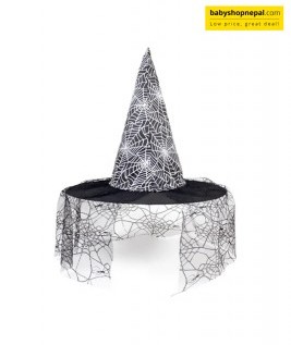 Black Witch Hat with Silver Spider Web Design & Sheer Lace Wide Brim | Elegant Halloween Costume Hat 1
