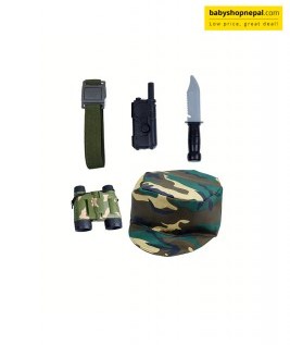 Hat, walkie-talkie, Knife, Belt and Binoculars.